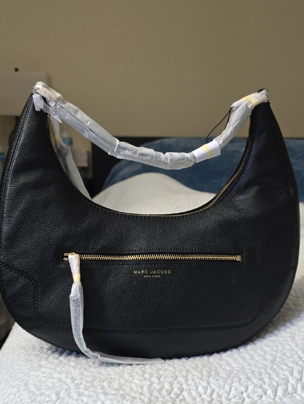 Marc Jacobs Black Pebbled Leather Crescent Shoulder Bag with Gold Hardware